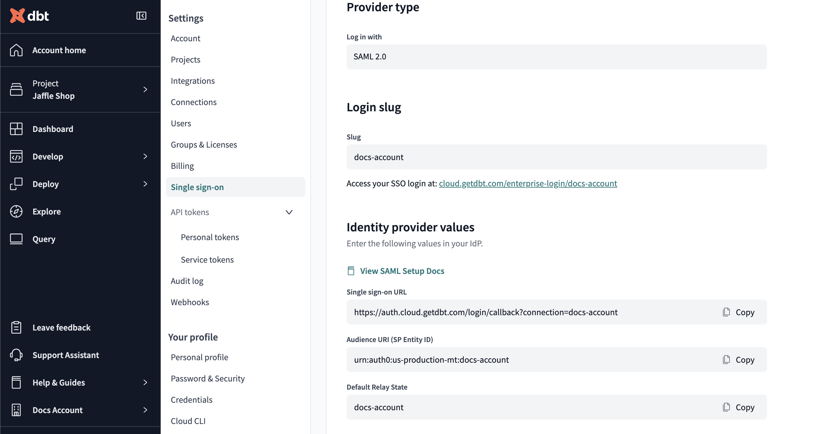 Example of the identity provider values for a SAML 2.0 provider Example of the identity provider values for a SAML 2.0 provider